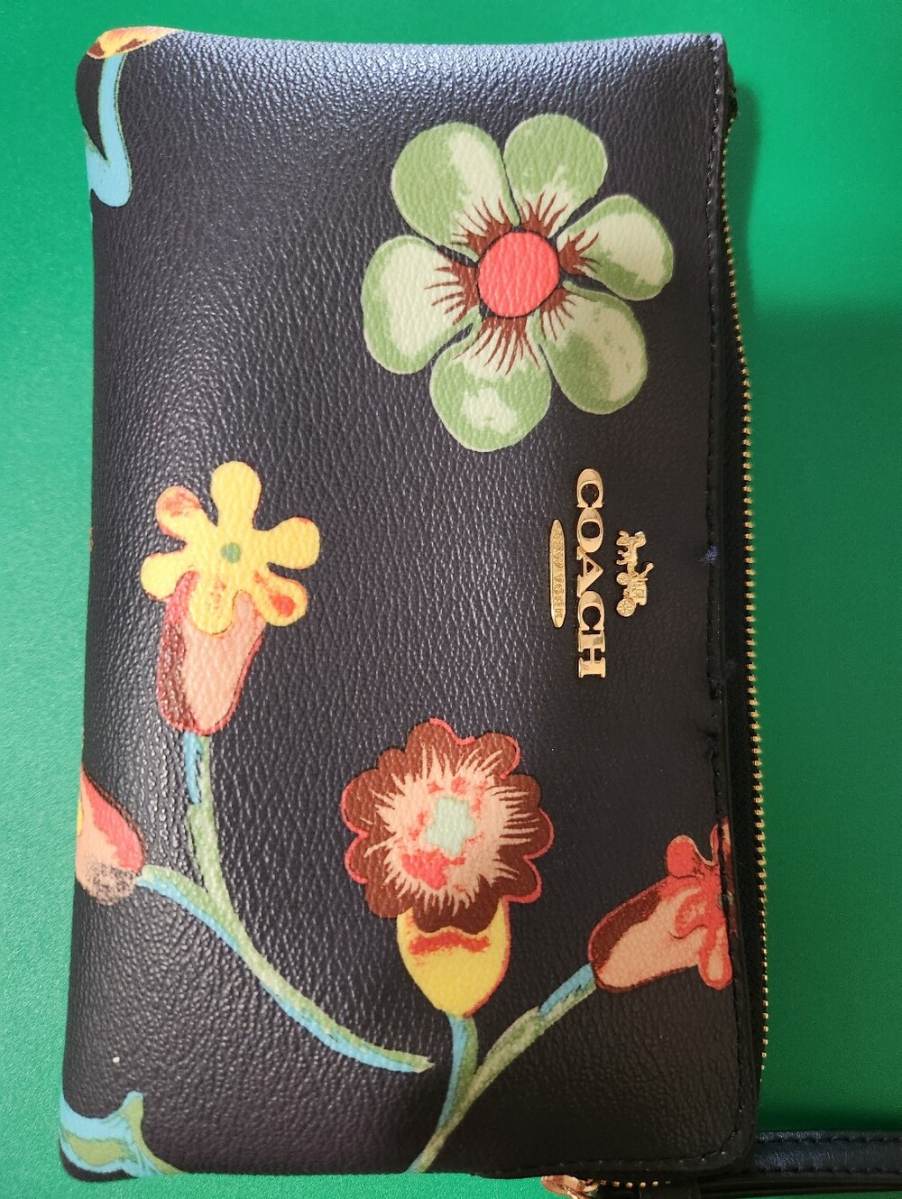Coach Navy Floral Zip Wallet with Multicolor Blooms